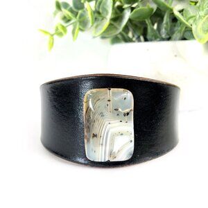 MishaGirl Handmade Black Leather Cuff Bracelet, Carnelian Bead